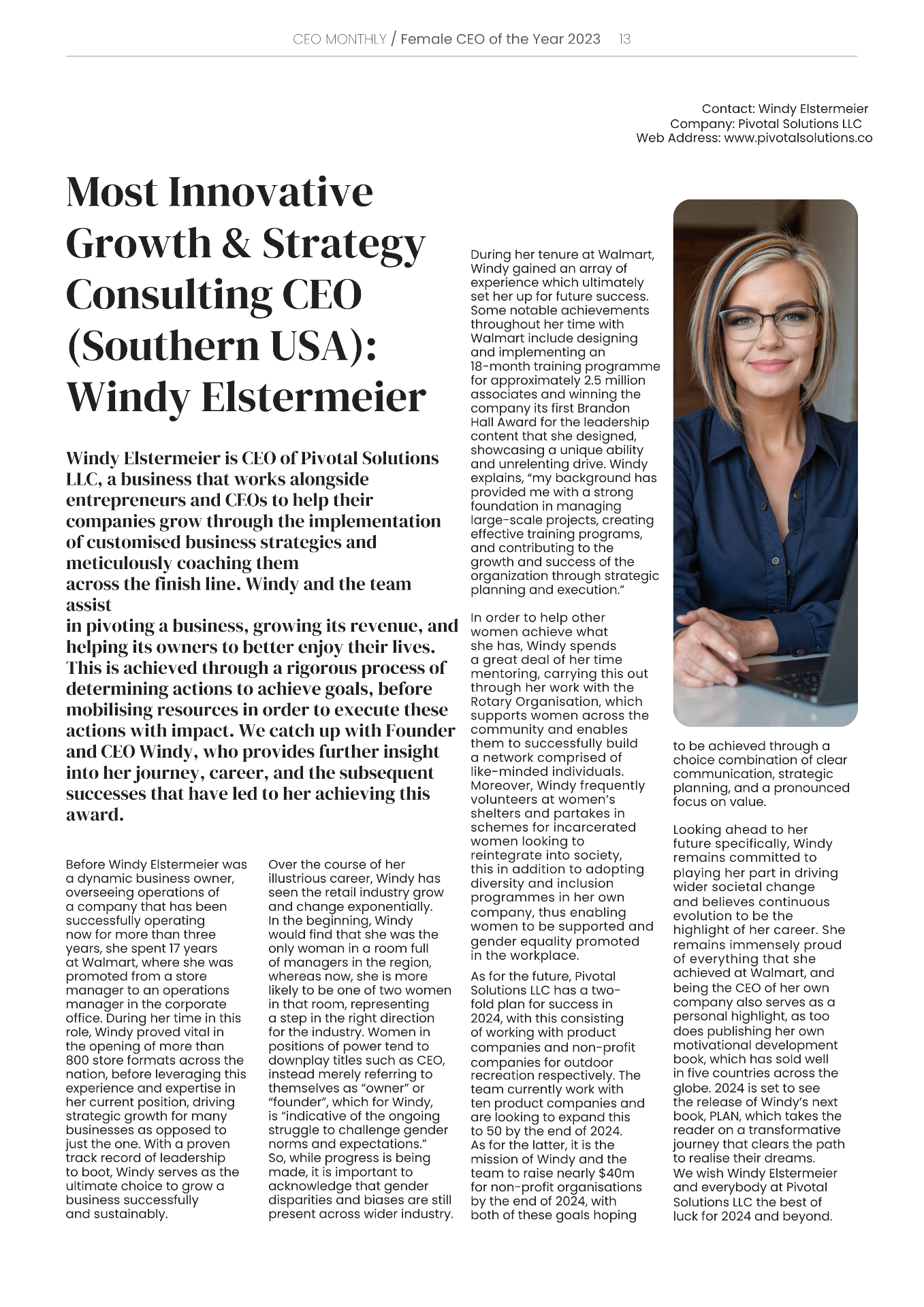 CEO Monthly feature on Windy Elstermeier